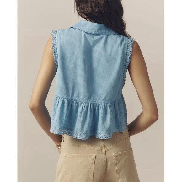 NWT Size L - Anthropologie 100% Cotton Lace Swing Blouse Blue (NWT USD 108) - Picture 3 of 15